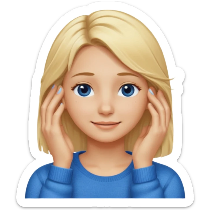 Girl massaging her head with blonde wet hair with anti-dark circles patches in her eyes dressed in a blue sweater with a smile sticker