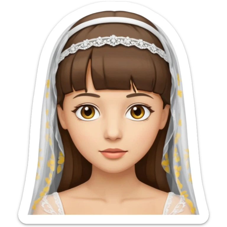 bride emoji with light skin, hazel eyes, brunette straight hair with bangs, wearing a veil sticker