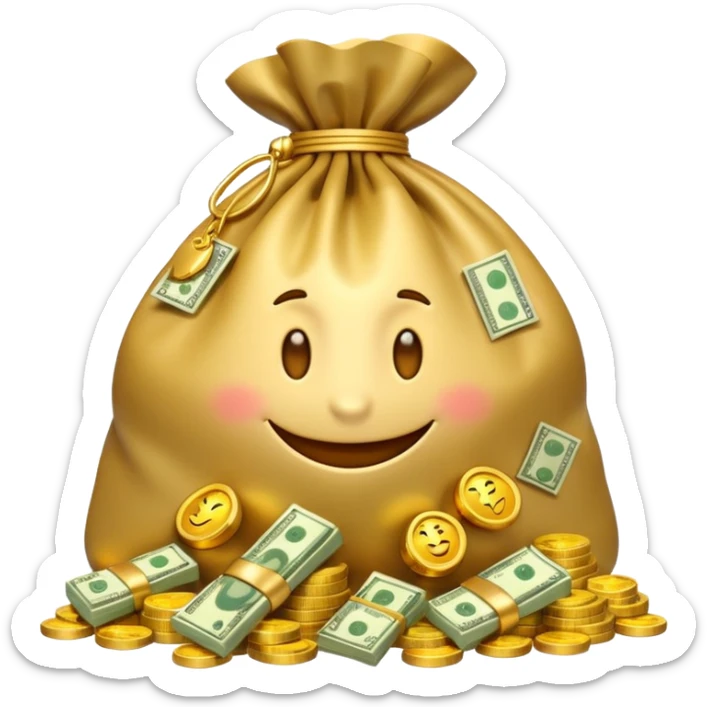 Luxury 3D emoji, overflowing money bag, stacks of cash, premium lighting, rich glossy look, ultra clean, transparent background


 sticker