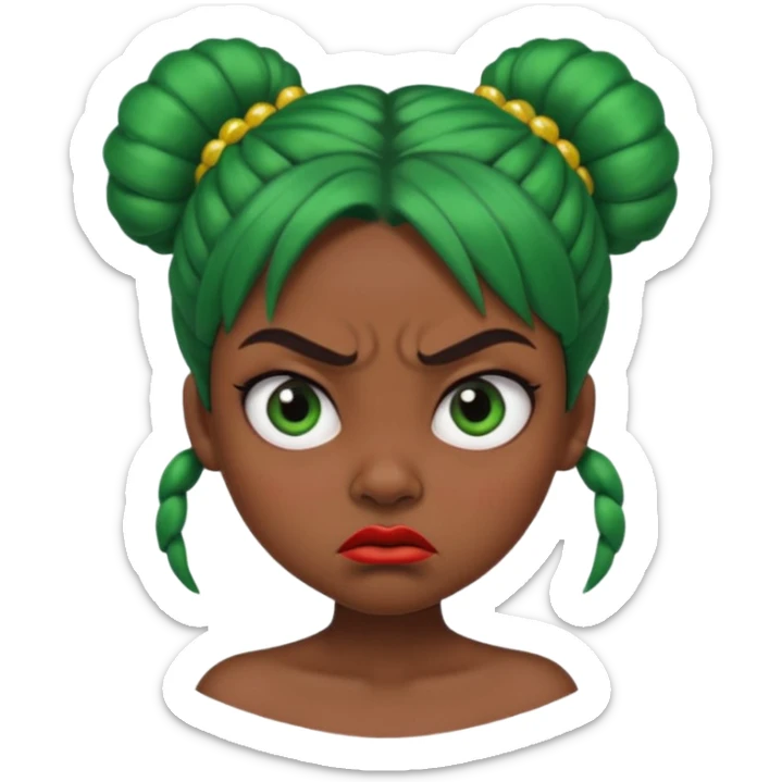 Create a 3D cartoon-style girl character with dark skin, round face, angry expression, big wide eyes, and tightly styled double buns made of green beaded hair. The girl should look irritated, eyebrows sharply angled, and lips pressed in a frown. sticker