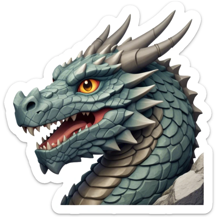 Cinematic Noble Giant Rock Dragon Portrait Emoji, Poised and awe-inspiring, with a massive, rugged form carved from ancient stone, featuring intricately textured scales that resemble weathered granite and basalt, and piercing, stony eyes echoing the strength of timeless mountains; rendered with lifelike detail and earthy natural highlights, high shine, formidable and grounded, styled with an aura of primordial majesty, focused and resolute, soft glowing outline, capturing the essence of an enduring rock titan ready to surge from the screen with ageless power! sticker