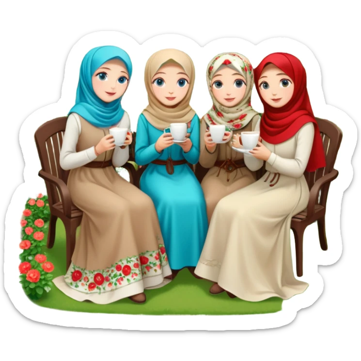 Turkish beautiful finish Konya girls blue eyes with Beautiful beige red green floral hijab long tail dress and this two friends sit in a lovely garden on the chair on the ground and holds cup coffe with her hand  sticker