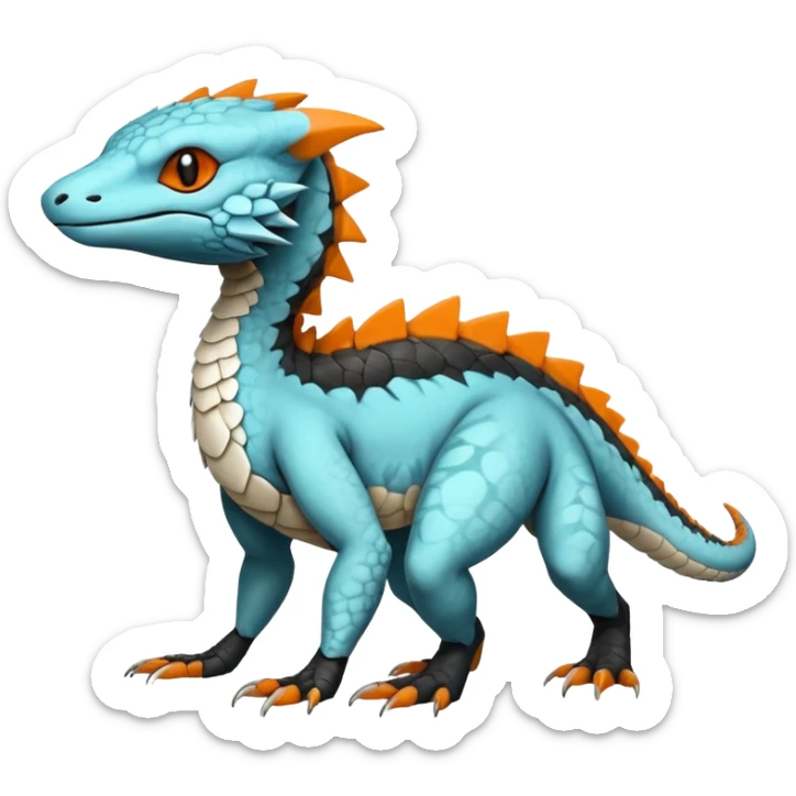 Rare realistic exotic cute white gloomy whitish and orange and cyan epic pretty beautiful handsome gorgeous aesthetic colorful vibrant Vernid-Trico-species-Fakemon-Salandit-hybrid-creature by LiLaiRa, 4 legs, 1 tail, random markings, (full body) sticker
