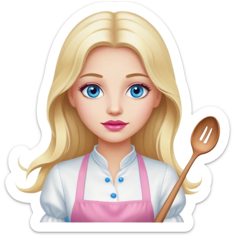 Cinematic realistic beautiful blonde with long hair, blue eyes and pink lips in a white dress cooks sticker