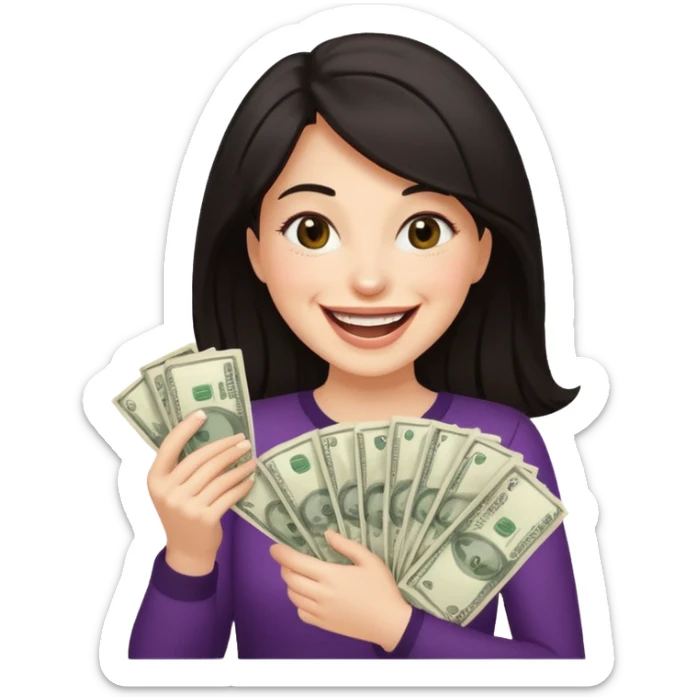 laughing dark haired woman holding lots of money sticker