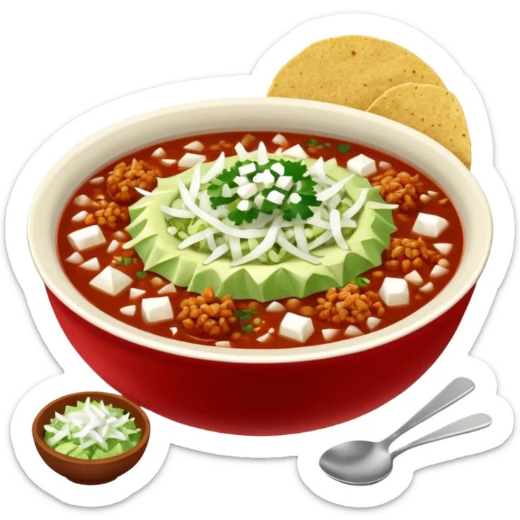 A delicious hot bowl of pozole rojo with separate sides: white chopped onions, green shredded cabbage, lime wedges, red chile de arbol salsa, and tostadas sticker