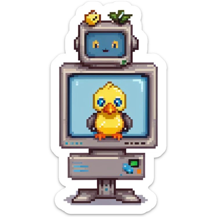 retro pixel art, vibrant colors, futuristic CRT monitor computer character, smiling face, robot arms, with cute yellow duck with big eyes, orange beak, fluffy feathers, blue bowtie, pixel gradient sky, clouds, warm, cheerful, clean lines, isometric or side view sticker