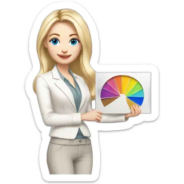 pale skin woman interior designer with blonde middle length straight line hair, blue eyes, White classical jacket, Gray Palazzo pants holding a color palette in the hands sticker