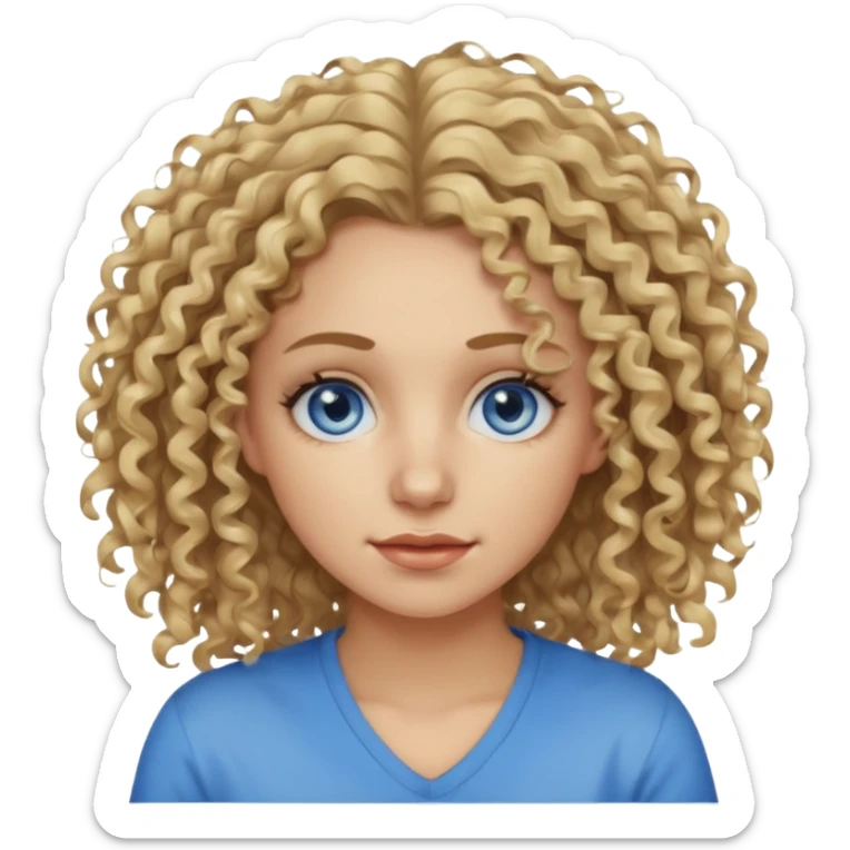 This is a 2D digital anime-style portrait of a female, caucasian, 29 years old light skin. The person has messy dirty blond curly hair, round blue eyes.  sticker
