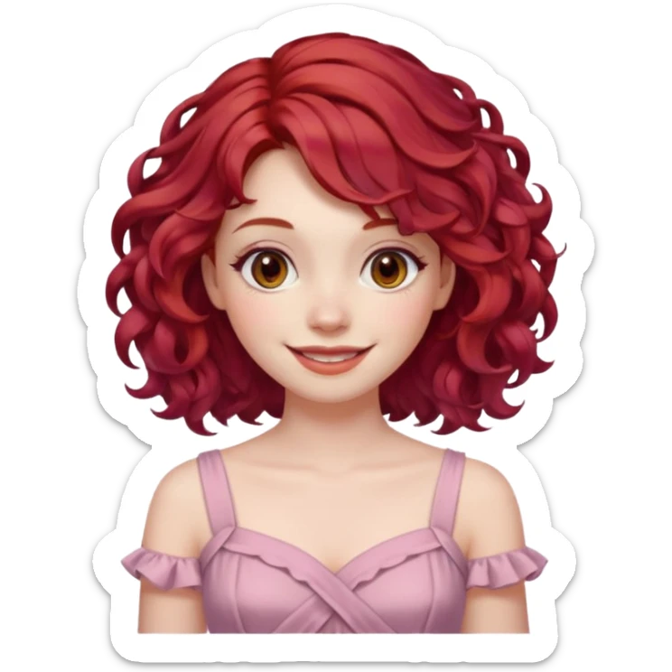 woman with shoulder length curly cherry red hair with brown eyes and pale skin smiling. pastel dress sticker
