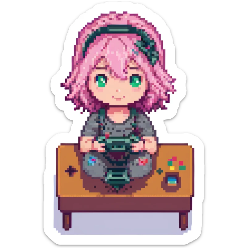 girl with pink hair streaming and playing video games, in Pixel Art style sticker