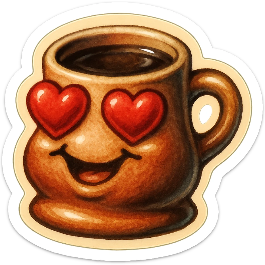 Ink wash style, coffee cup creature, big heart eyes, dopey smile sticker