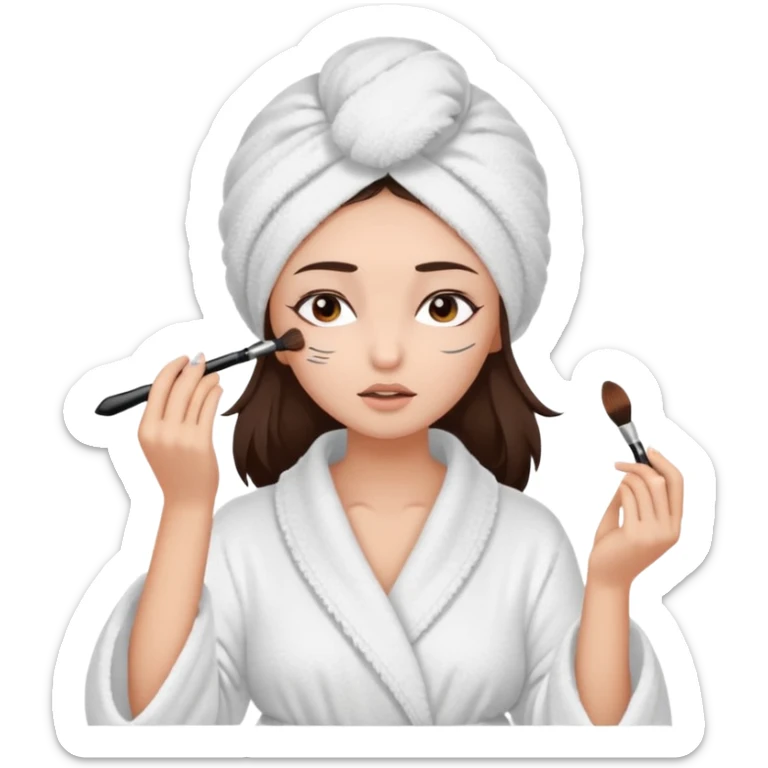 Girl with brown hair in white dressing gown and white towel wrapped in her head doing her makeup. Eyes closed white dark hair and towel wrapped differently doing mascara sticker