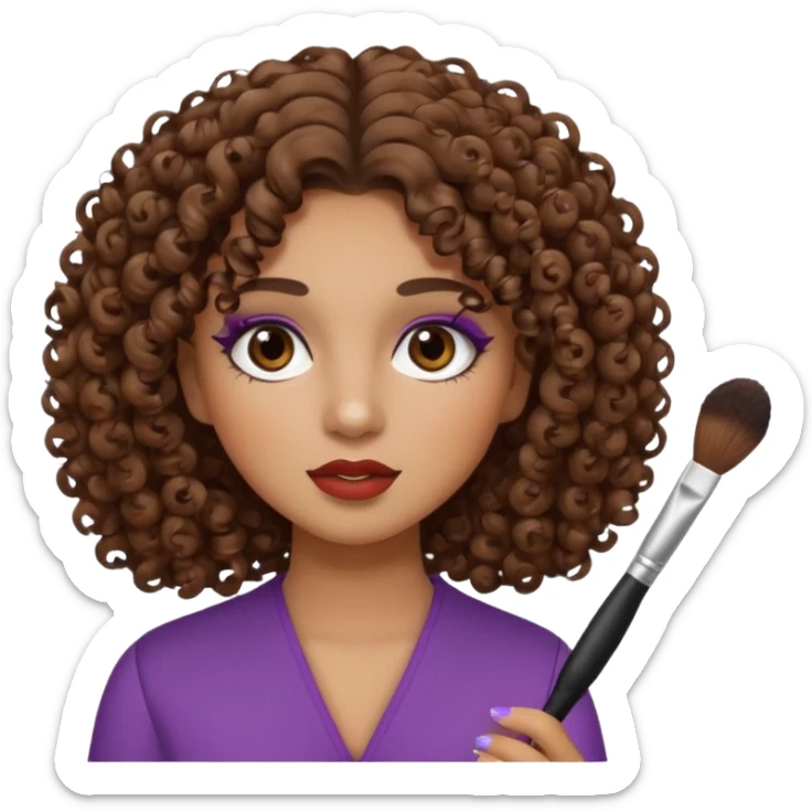 A girl with curly brown hair, medium skin tone and dark brown eyes, doing her makeup  sticker