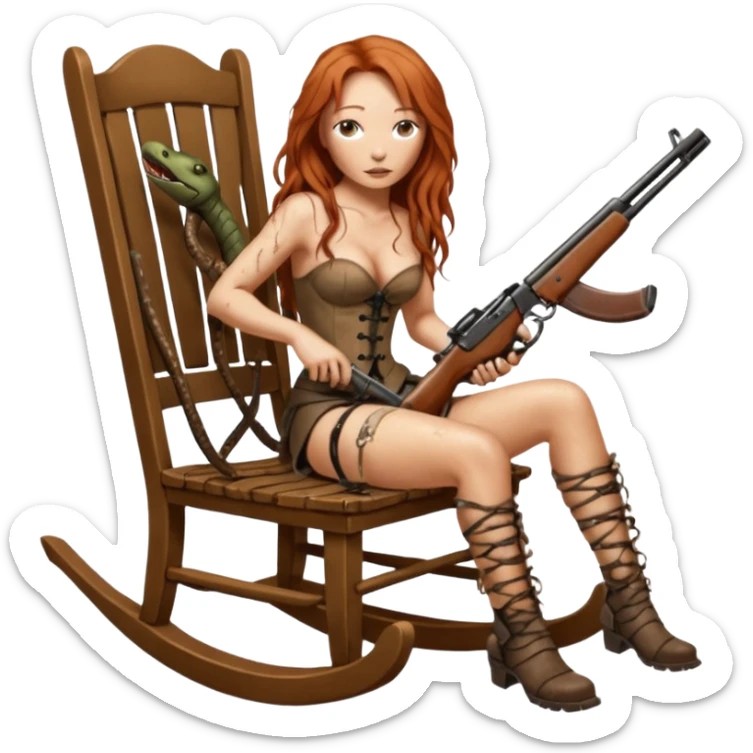 cinematic ultra HD Tori Amos casually crouches on a rocking chair in a torn corset, holding a shotgun and with muddy feet. a bronze snake wrapped itself around the chair sticker