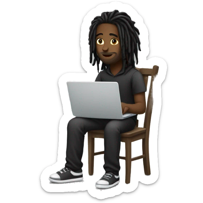 Black-guy-with-dreads-wearing-black-trackstuit-sitting-down-on-chair facing-foward-focused-on-laptop-computer- sticker