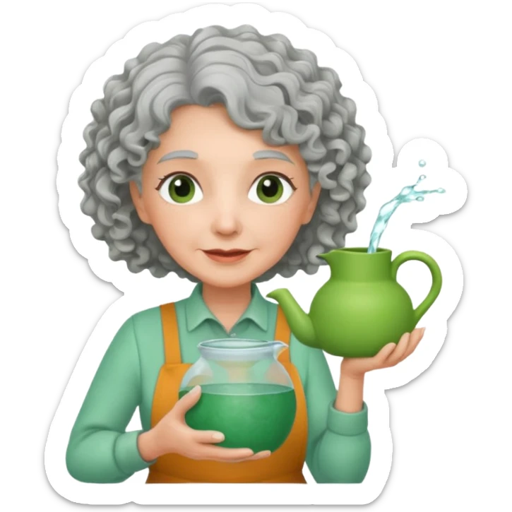 Older female florist – curly hair, holding garden water pot sticker