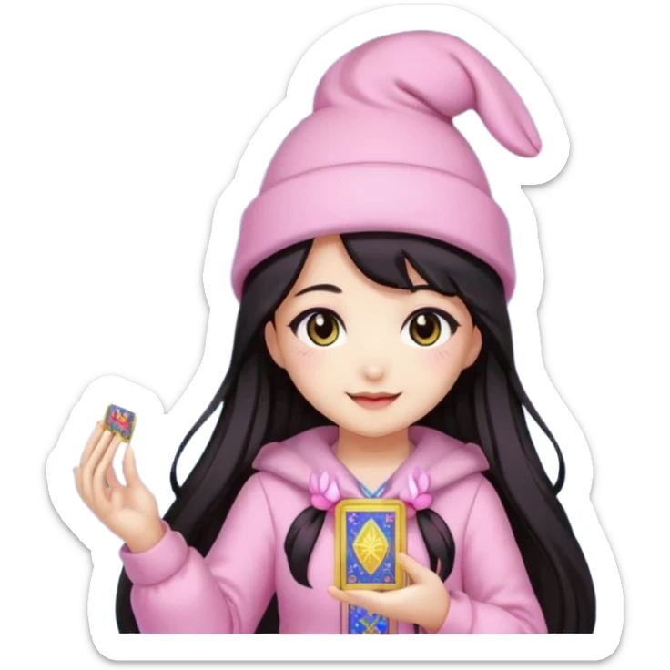 pixel art chibi asian girl with dark long hair in pink bunny hat magical girl with kawaii tarot cards thrown in air pixel emoji sticker