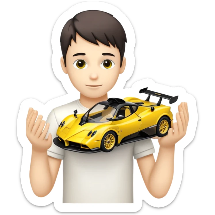 roblox-style boy holds in his hands a scale model of pagani zonda car sticker