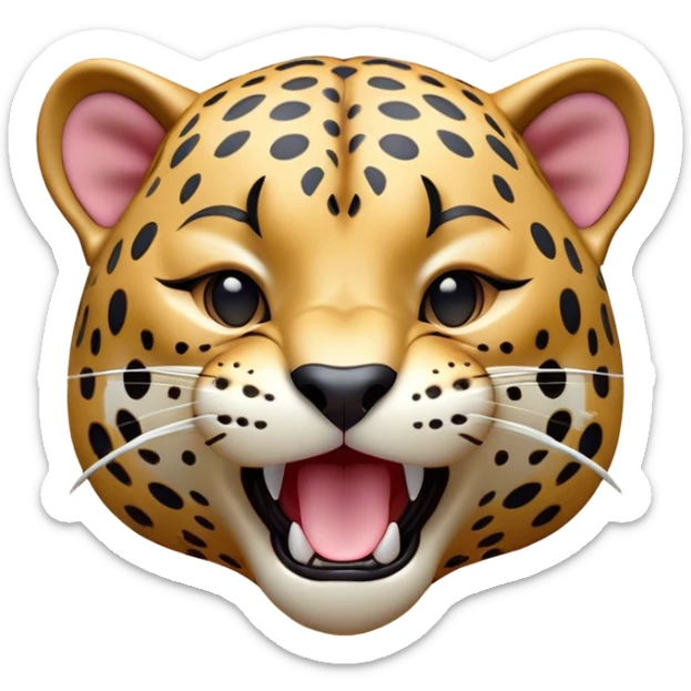 Cinematic Cute Yawning Jaguar Portrait Emoji, Head tilted slightly with a dramatic, wide-open yawn, showcasing a lithe, graceful build with distinctive rosette patterns and sleepy, half-closed eyes, Simplified yet irresistibly adorable features, highly detailed, glowing with a soft, cozy wild glow, high shine, relaxed yet expressive, stylized with a dash of whimsical feline charm, soft glowing outline, capturing the essence of a drowsy yet affectionate guardian that appears ready to stretch out for a nap! sticker