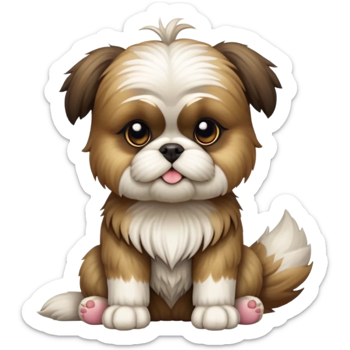 cinematic-[Shish tzu]-realistic-full-body-sitting-emoji,-tail-resting-loosely-beside-its-paws,-head-tilted-dramatically, -scruffy-fur,-simplified-yet-realistic-focused-features,-highly-detailed,-glowing-with-an-almost-sarcastic-glow sticker