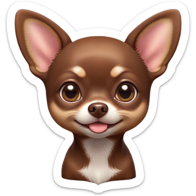 Cinematic Cute Chocolate Short Haired Chihuahua Portrait Emoji, Head tilted playfully and inquisitively, smooth chocolate fur with a lustrous sheen, round, sparkling dark eyes filled with curiosity, Simplified yet irresistibly adorable features, highly detailed, glowing with a warm, friendly glow, high shine, affectionate and lively, stylized with a touch of whimsy, bright and endearing, soft glowing outline, capturing the essence of a mischievous yet loving pup, so playful it feels like it could bound out of the screen and into your arms! sticker