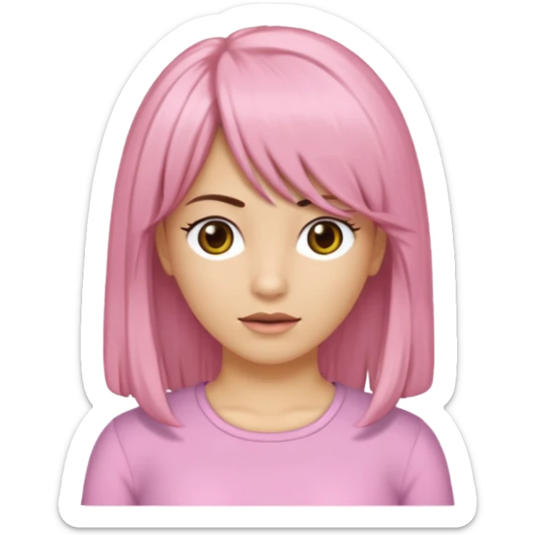 Uma garota de cabelos castanhos escovados médios, side bangs jogada para a direita, uma blusa branca estilo anos 2000 com detalhes em renda óculos com armação douradas e lábios rosados sticker