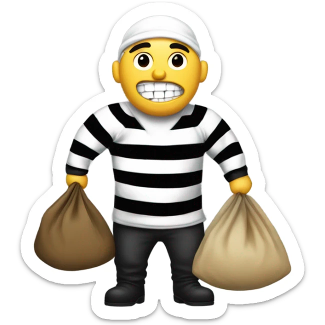 A robber with a black and white shirt with a bag full of money sticker