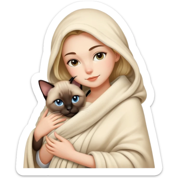 A beautiful and sexy Caucasian girl wrapped in a blanket hugging a Siamese cat sticker