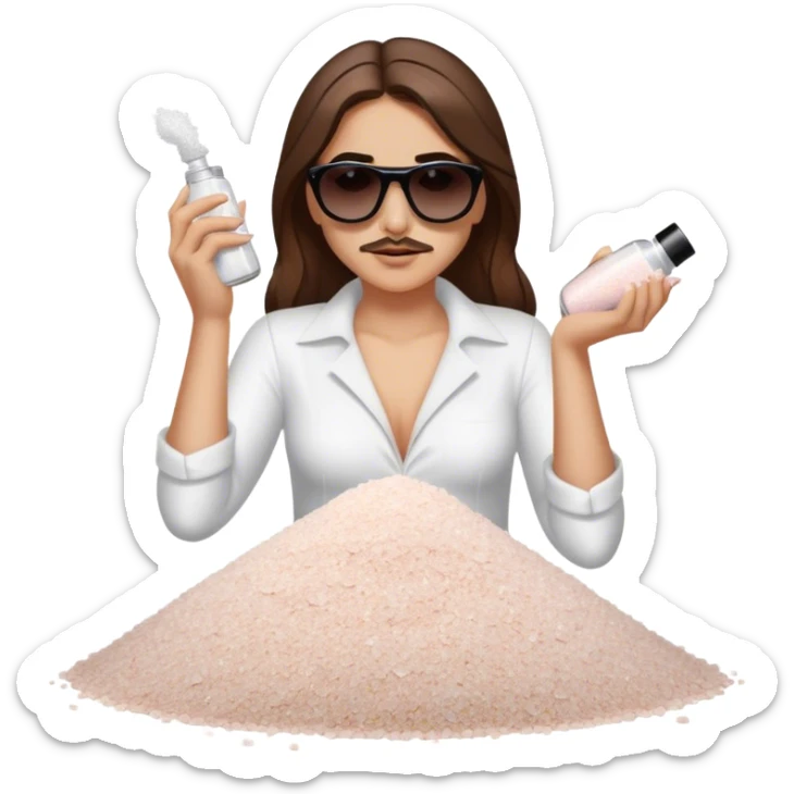 White woman with brown hair posing as salt bae with sunglasses sprinkling salt on top of a pile of makeup sticker