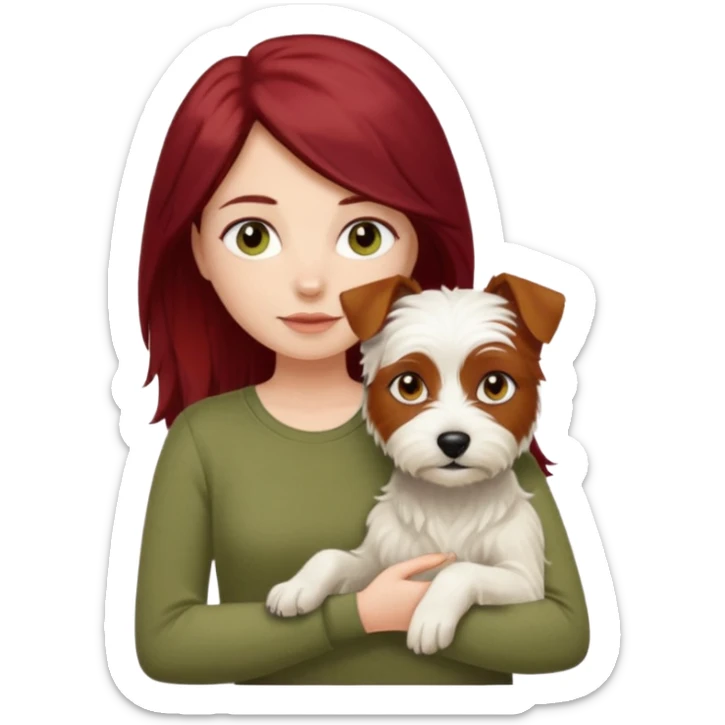 white terrier dog being held by woman with dark red long hair and hazel eye wearing olive green top sticker