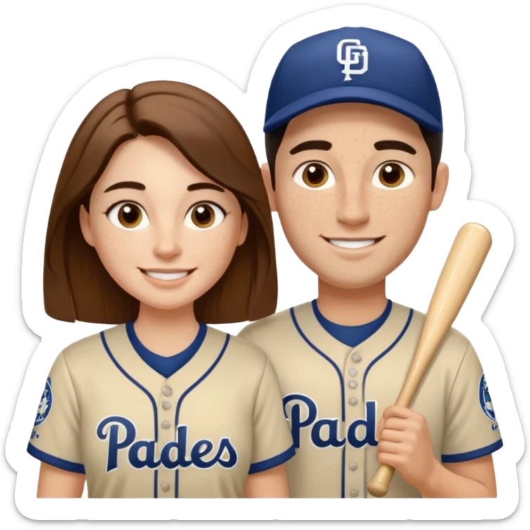 *White* Smiling couple. Woman has big cheeks and a lot of freckles on the nose. long brown hair. Man has black and very short hair and prominent eyebrows with egipcian nose. Both are wearing “Los Padres” baseball jerseys and with a sign that says “Go Padres!” sticker