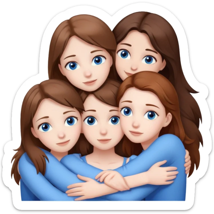 Five girls hugging with brown hair pale skin, three of them have BROWN eyes, two of them have BLUE eyes sticker