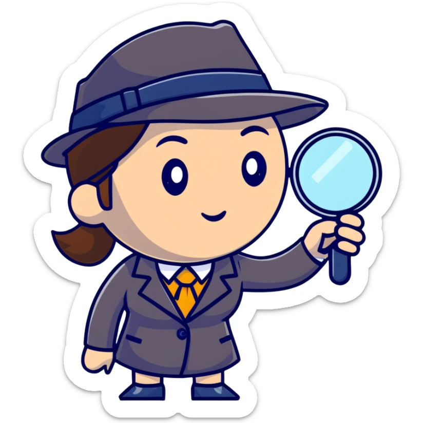 businesswoman with a detective hat and magnifying glass, looking closely at something sticker