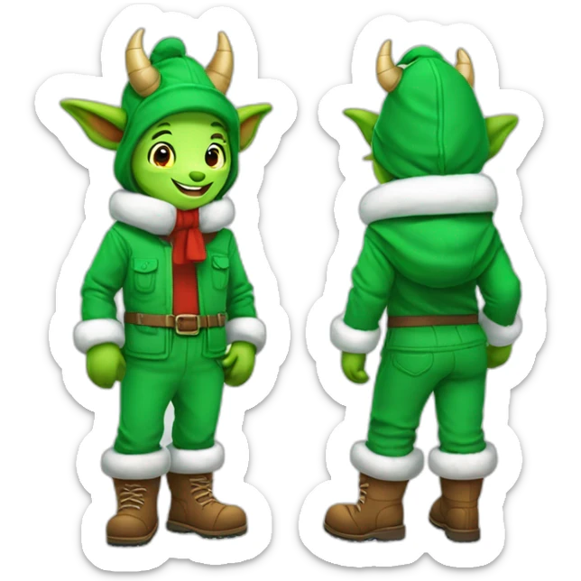 happy little green cartoon dragons of child in winter, in work pants, in work clothes, in winter boots, in a Santa Claus hat, New Year sticker