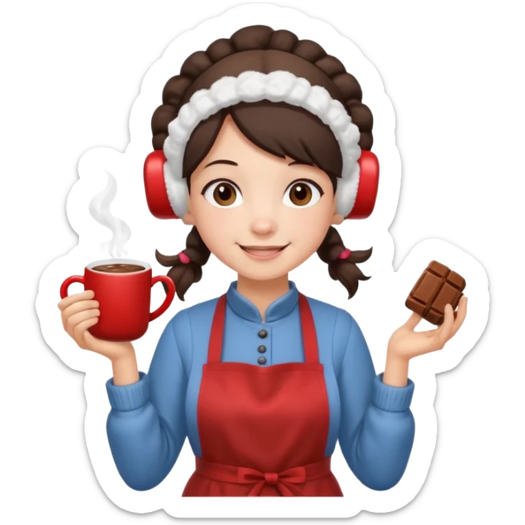 A cozy pig tail hair vendor with fluffy earmuffs, wearing apron handing out steaming cocoa with a warm smile. sticker