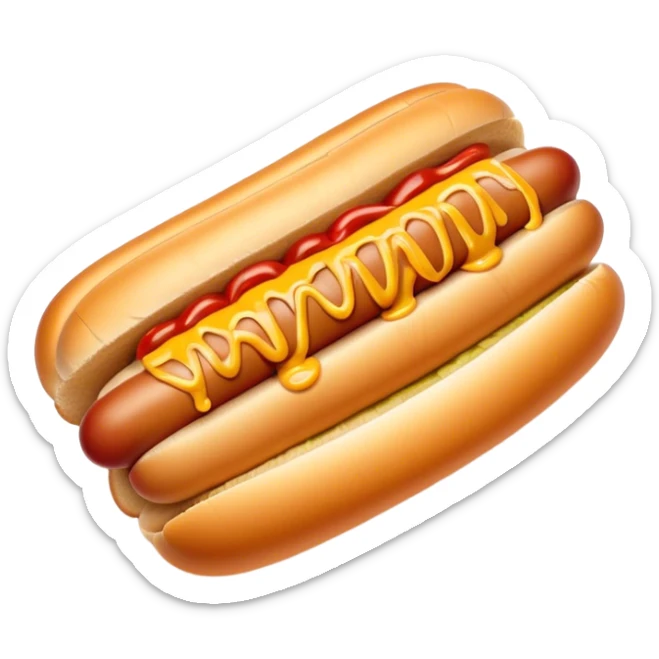 Cinematic classic hot dog, nestled in a soft toasted bun, drizzled with mustard and ketchup, juicy and flavorful, warm golden tones, ultra-detailed and mouthwatering. sticker
