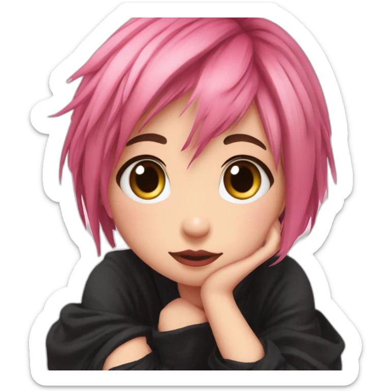 Full body Front view curvy emo girl pink hair sits on the floor straight view hands up black skirt полосатые рваные чулки sticker