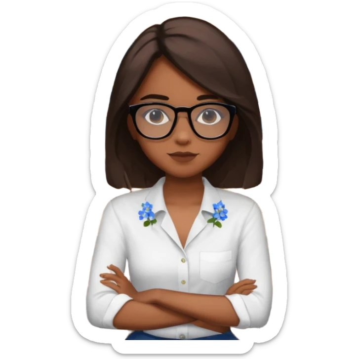 Créame una chica morena de pelo más o menos por los hombros con granitos en la cara y unas gafas negras, que esté sentado en una silla de bar con una camisa blanca con florecitas azules sticker