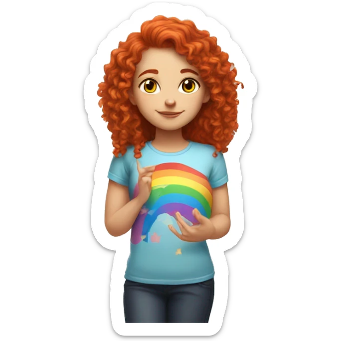 white girl with long red curly hair, wearing a rainbow cat shirt doing a pose sticker