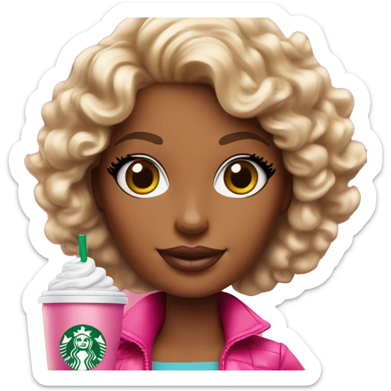 Barbie girl with curly hair holding Pink starbucks refresher sticker
