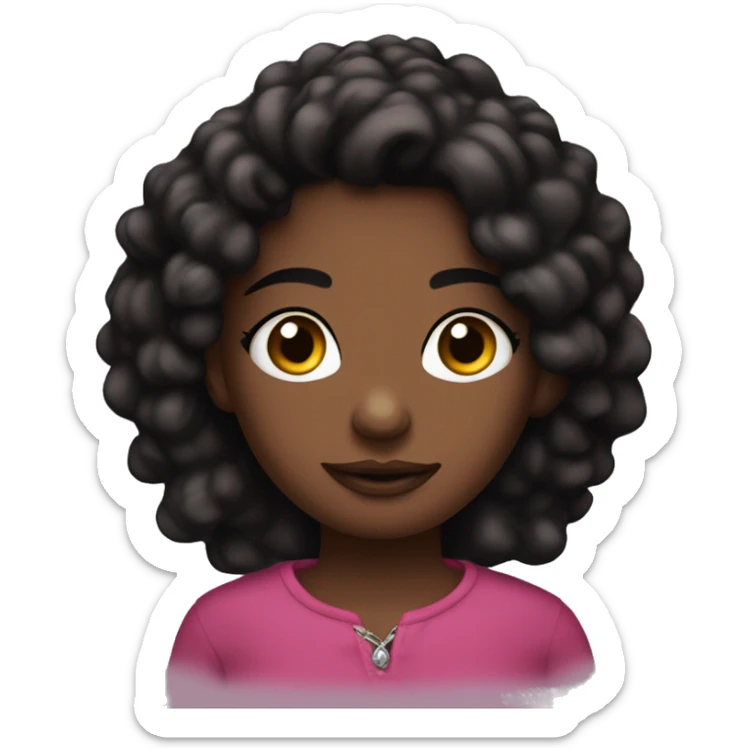 Una chica negra no muy oscura con un pircing en la nariz pelo rizado y ojos marrones y un top rosa sticker