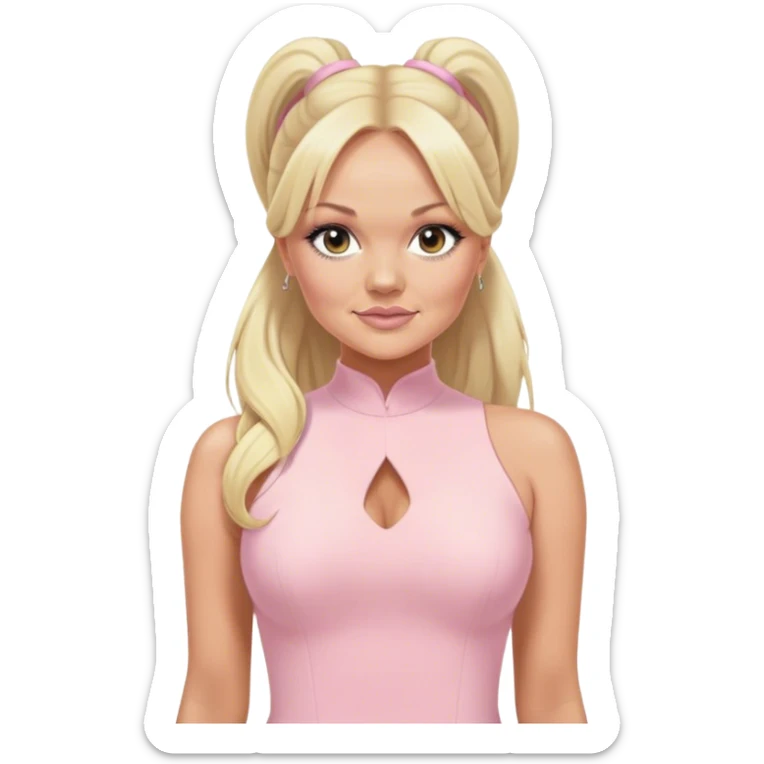 Emma bunton with long blonde ponytails wearing a light pink bodycon dress sticker