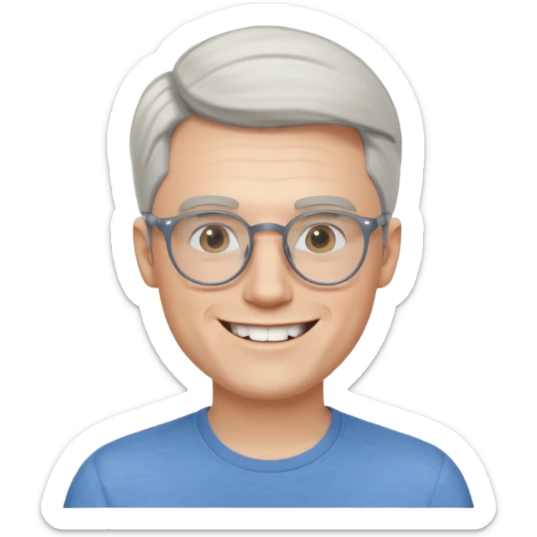30 yr old pale white man, white/grey side swept stylish hair, round glasses, big smile, white teeth, handsome, longer hair, thin glasses, blue  shirt sticker