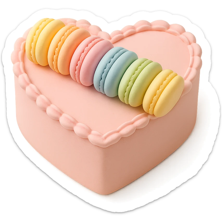 heart-shaped fondant cake with rainbow macarons sticker