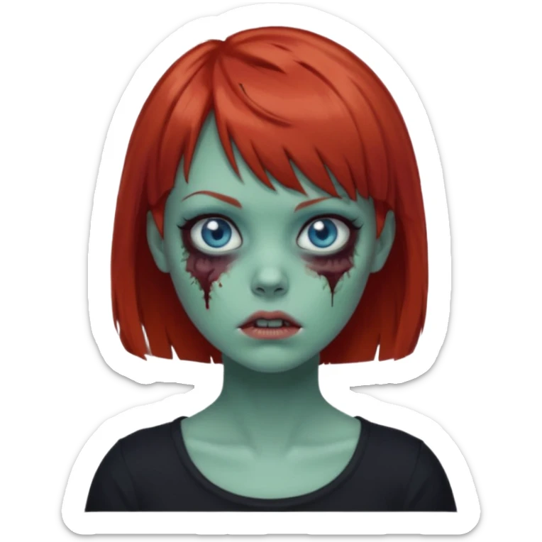 Zombie girl emoji with short red hair and bangs. Blue eyes, green skin, and a black top. sticker