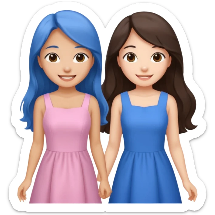 one Korean girl in blue and one white long haired brunette girl in light prink dresses smiling sticker