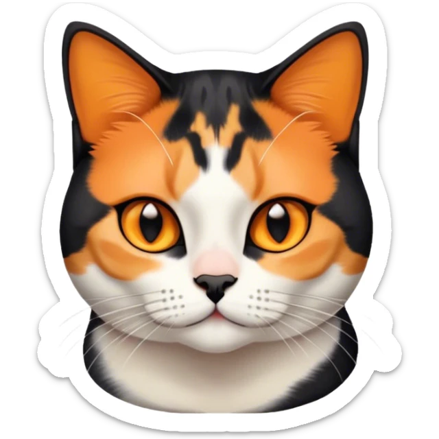 American shorthair calico cat with black fur on the right side of their face and orange on the left side sitting down sticker