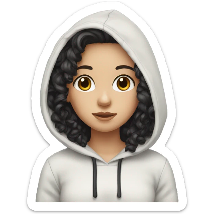 white girl with black long curly hair and brown eyes in hoodie sticker