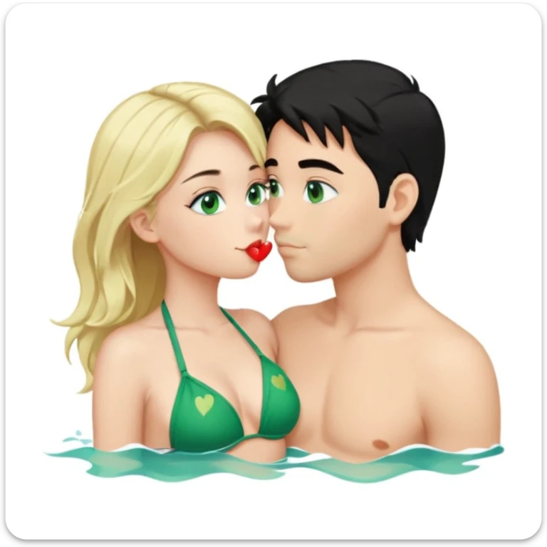 Blonde girl Green eyes Green Bikini whole body Kissing man black Hair blue eyes Hearts in Body Background sea sticker